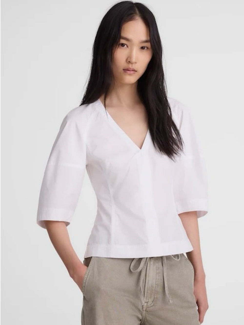 Madewell White V-Neck Elbow Sleeve Cotton Top